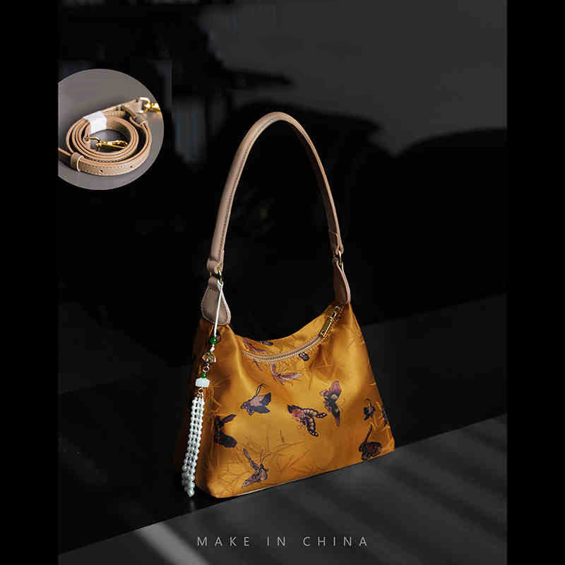 Sac bandoulière en soie Lotus Bamboo Crane Deer 26 cm