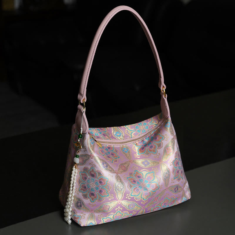 Sac bandoulière en soie Lotus Bamboo Crane Deer 26 cm