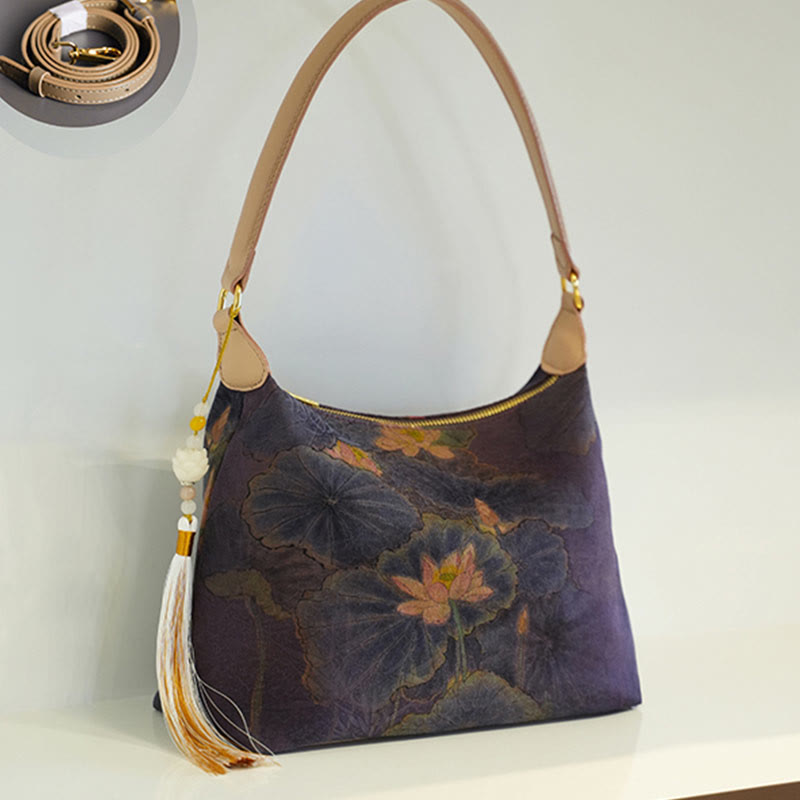 Sac bandoulière en soie Lotus Bamboo Crane Deer 26 cm