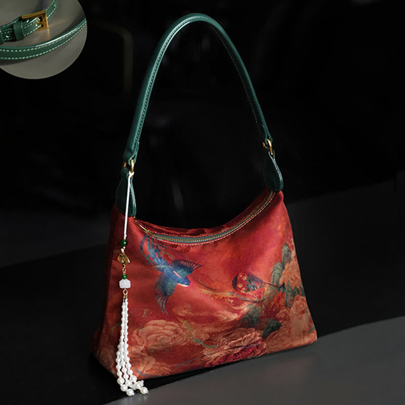 Sac bandoulière en soie Lotus Bamboo Crane Deer 26 cm