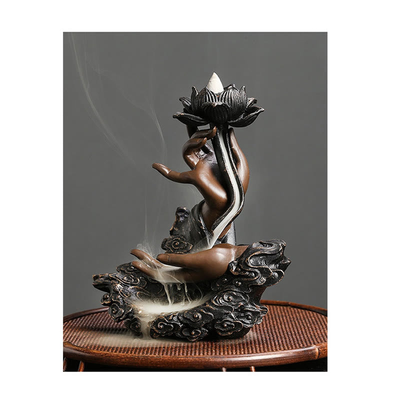Brûleur d'encens à reflux en résine en forme de main de Bouddha de lotus 17,9 cm