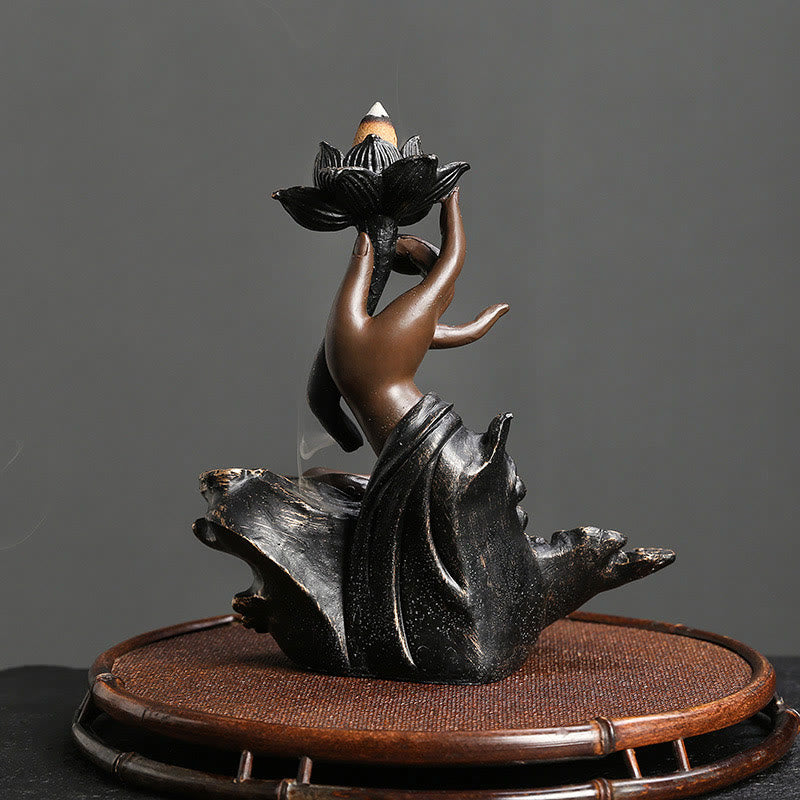 Brûleur d'encens à reflux en résine en forme de main de Bouddha de lotus 17,9 cm