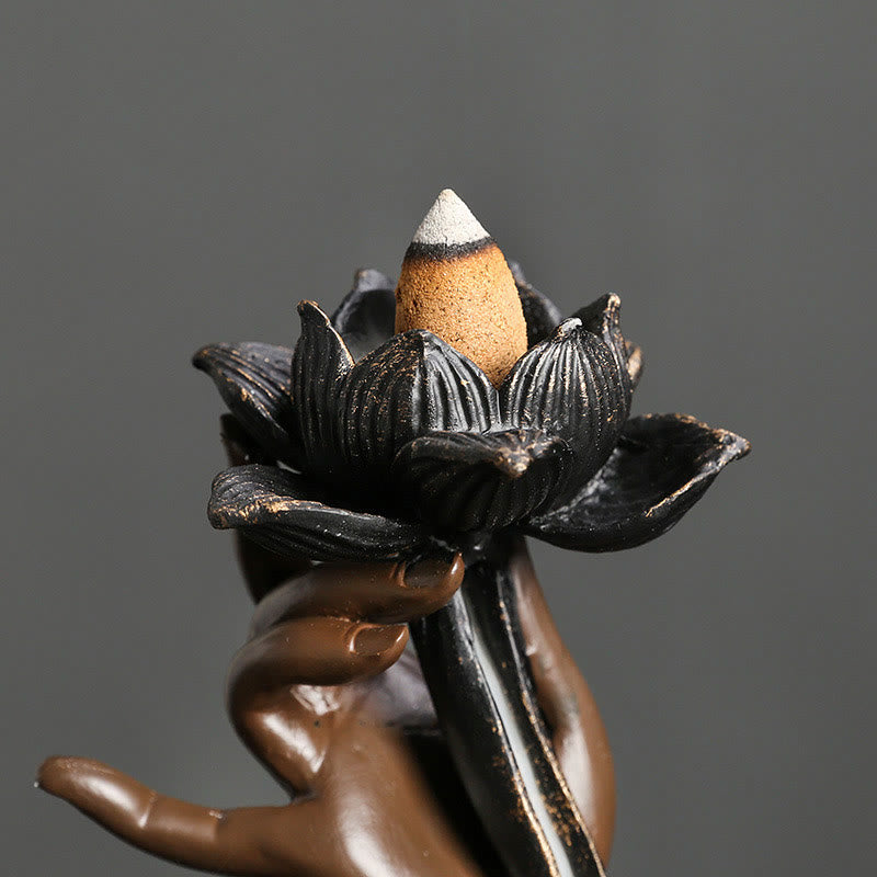 Brûleur d'encens à reflux en résine en forme de main de Bouddha de lotus 17,9 cm