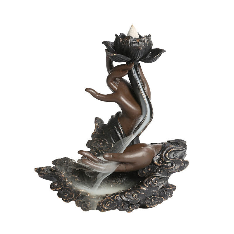 Brûleur d'encens à reflux en résine en forme de main de Bouddha de lotus 17,9 cm