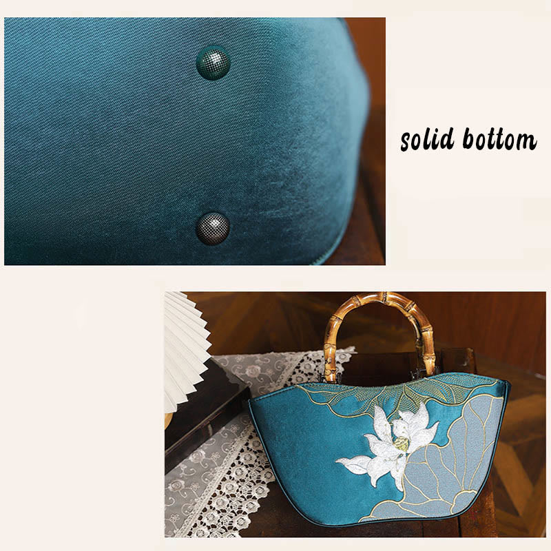 Sac à main brodé Lotus avec anse en bambou 17 cm sur 15 cm