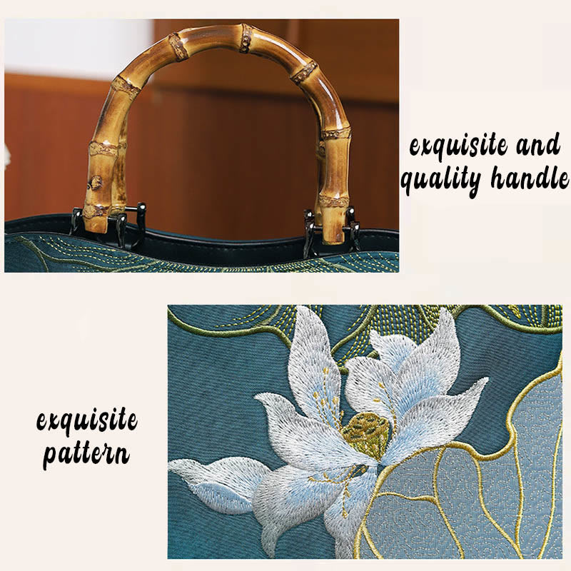 Sac à main brodé Lotus avec anse en bambou 17 cm sur 15 cm