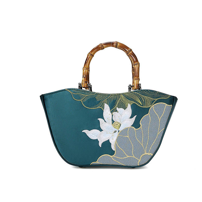 Sac à main brodé Lotus avec anse en bambou 17 cm sur 15 cm