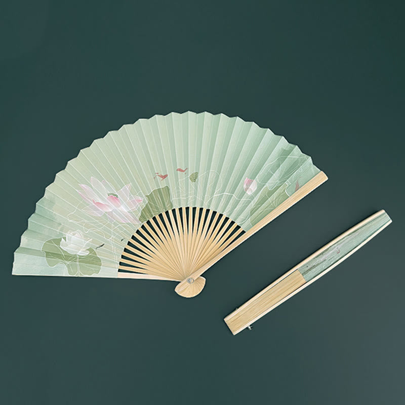 Éventail chinois pliable en bambou et papier, motif fleur de lotus