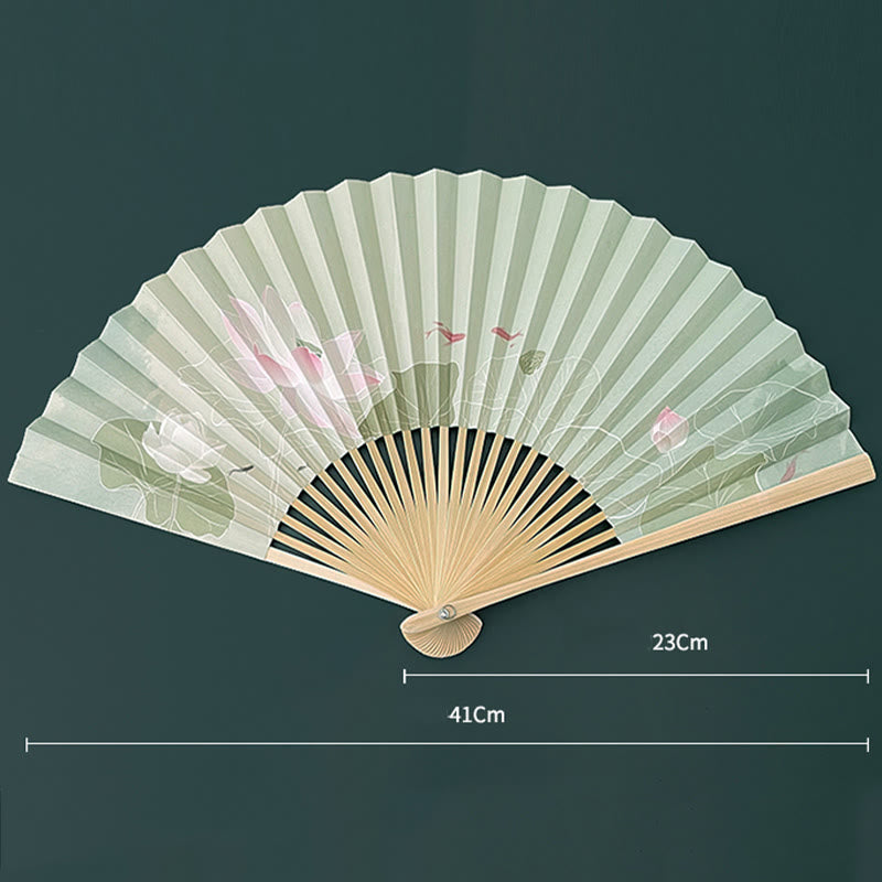 Éventail chinois pliable en bambou et papier, motif fleur de lotus