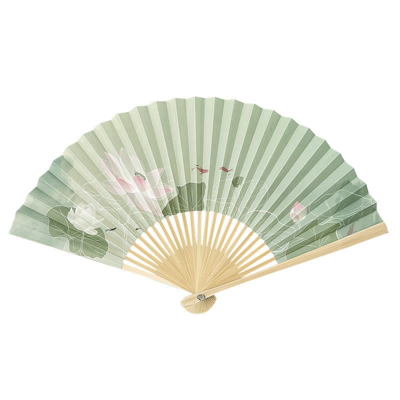 Éventail chinois pliable en bambou et papier, motif fleur de lotus