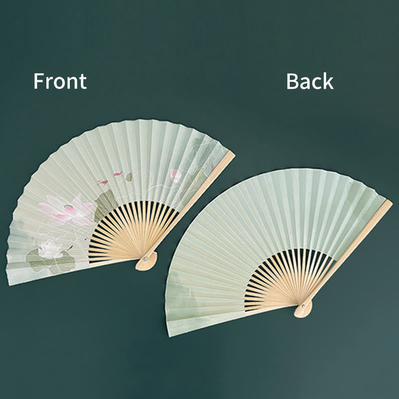 Éventail chinois pliable en bambou et papier, motif fleur de lotus