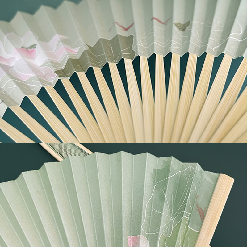 Éventail chinois pliable en bambou et papier, motif fleur de lotus