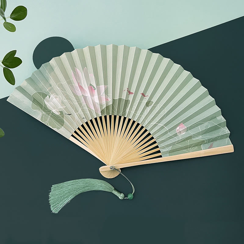 Éventail chinois pliable en bambou et papier, motif fleur de lotus
