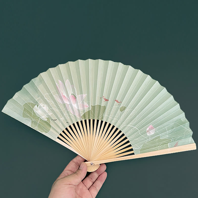 Éventail chinois pliable en bambou et papier, motif fleur de lotus