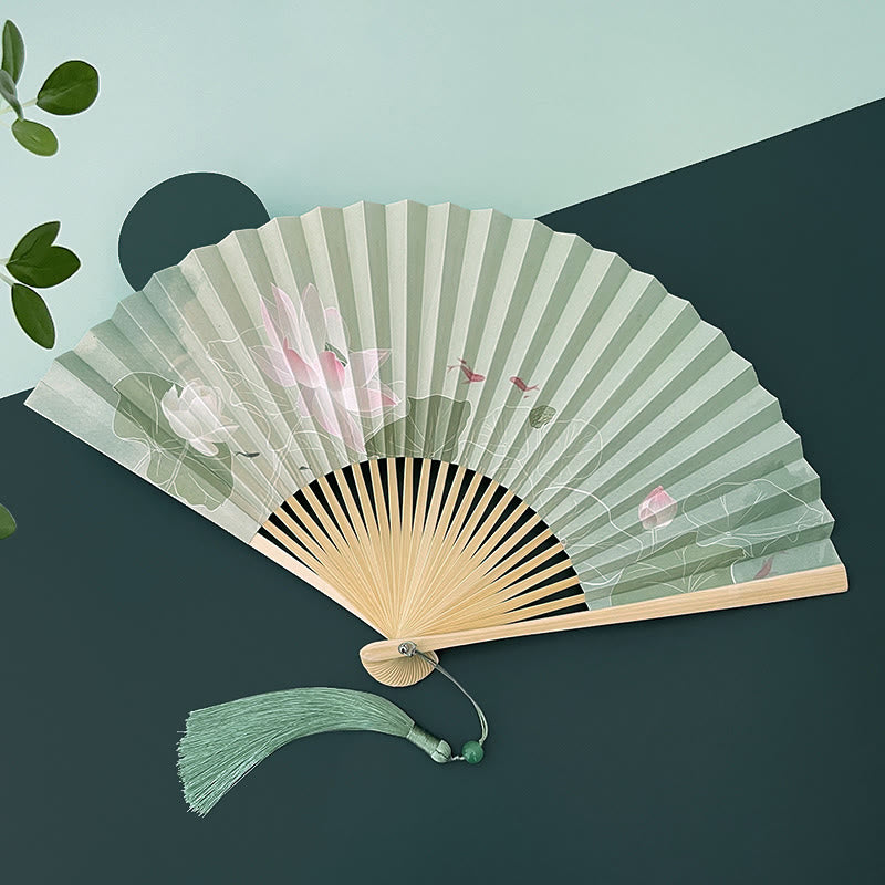 Éventail chinois pliable en bambou et papier, motif fleur de lotus