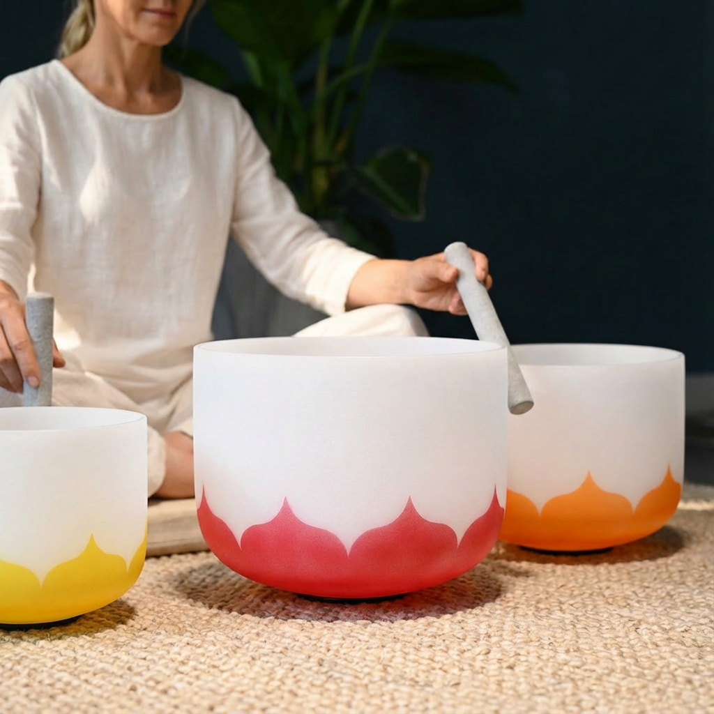 Ensemble de bols chantants en cristal de quartz givré Lotus - Harmonie des chakras