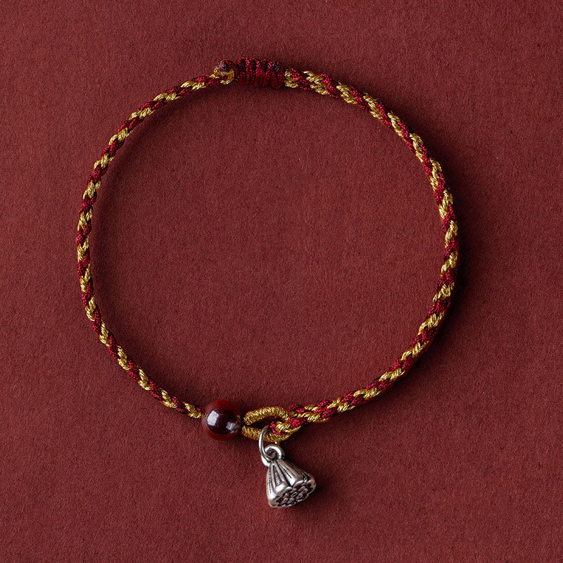 Bracelet corde or rouge avec breloque Lotus Peace 14-16 cm