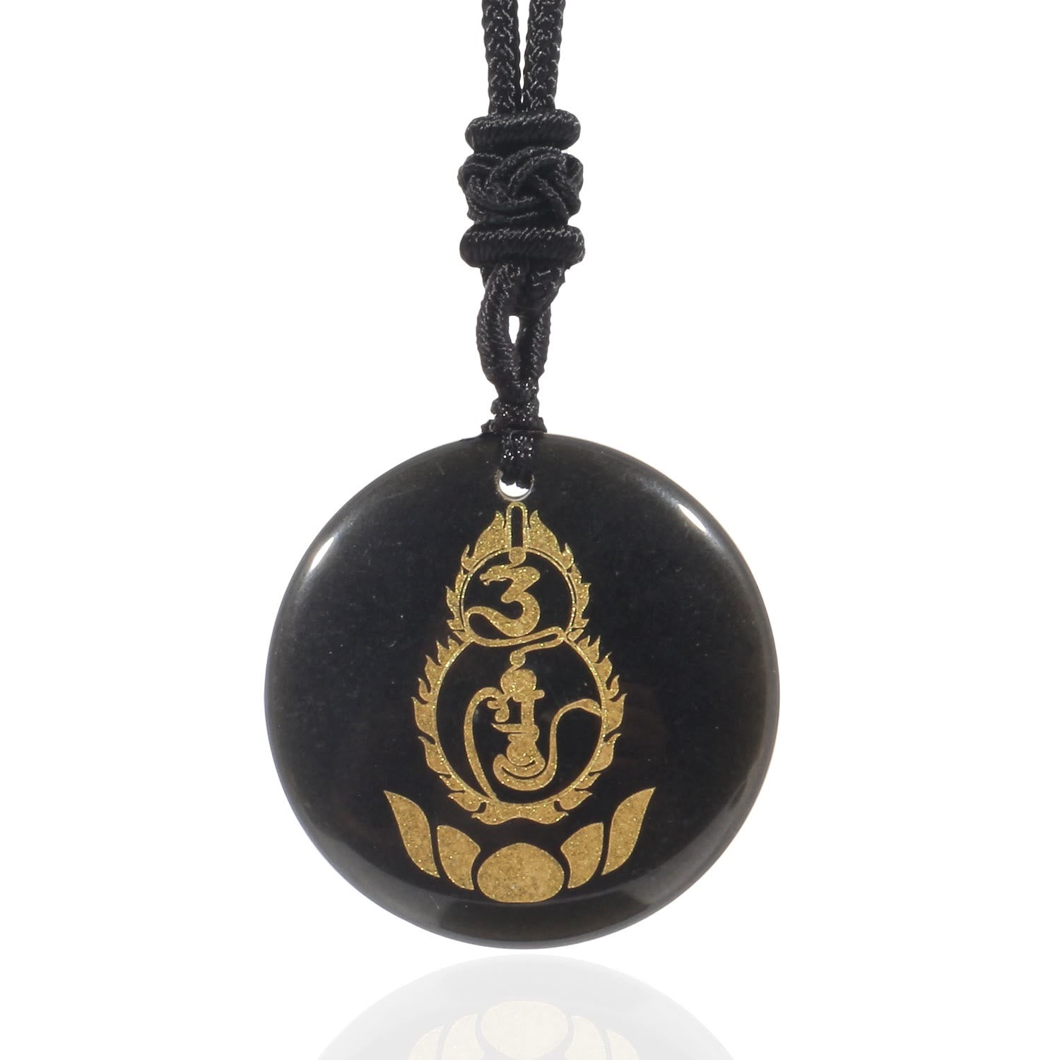 Pendentif Lotus avec Mantra Vajra en Obsidienne Noire pour la Protection