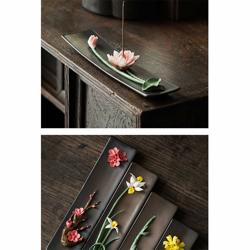 Brûleur d'encens en céramique Lotus Pivoine pour la méditation et le yoga