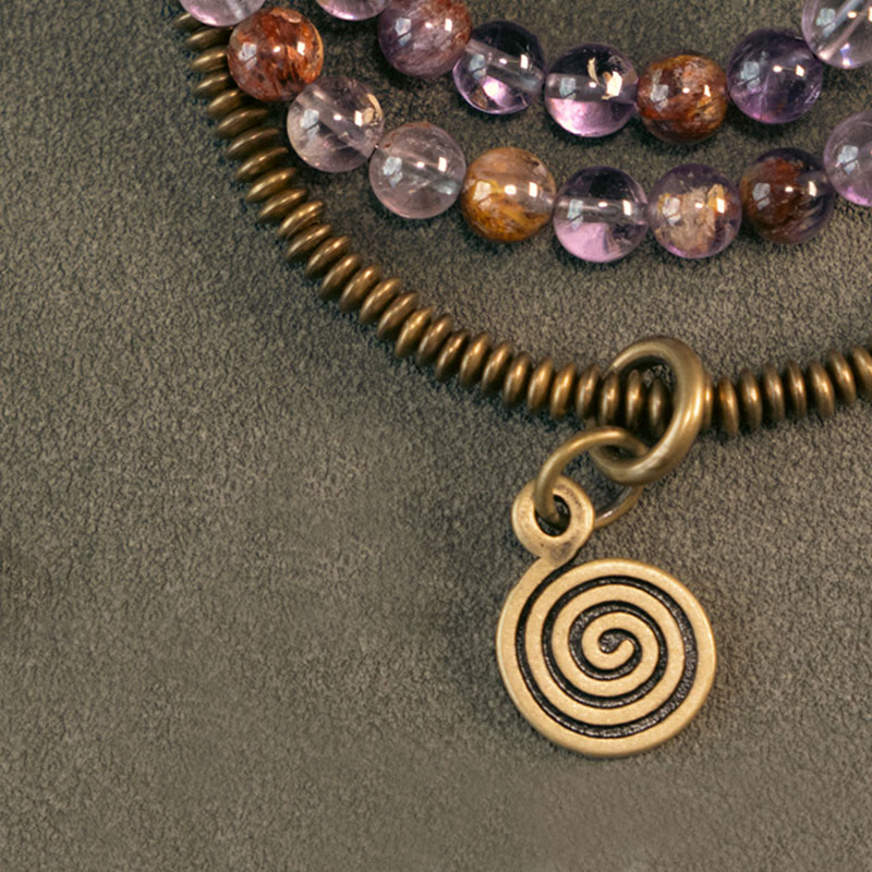 Bracelet Amour et Pardon avec Fantôme Violet, Hématoïde Rouge et Quartz Rutile Vert