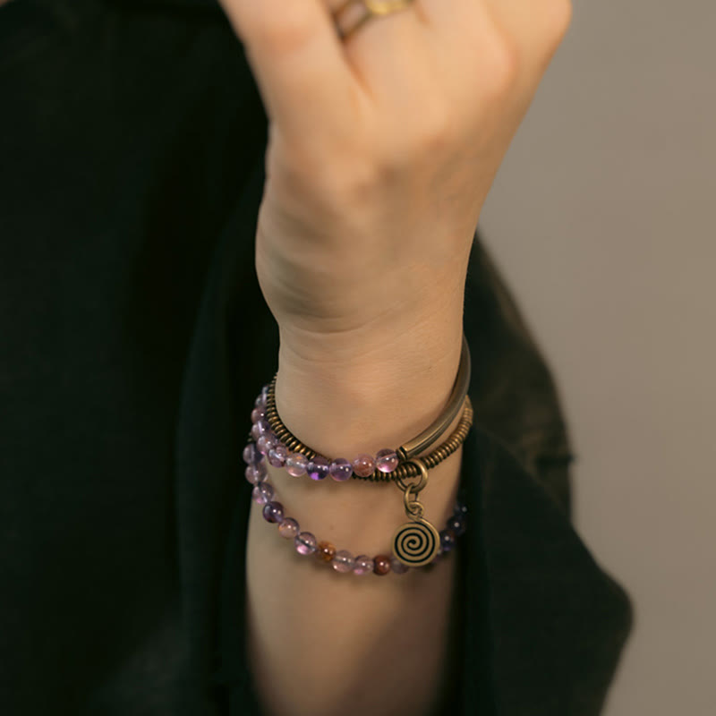 Bracelet Amour et Pardon avec Fantôme Violet, Hématoïde Rouge et Quartz Rutile Vert