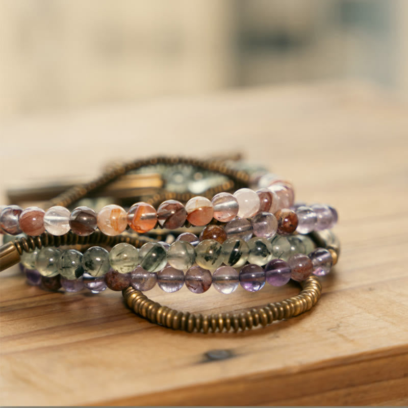Bracelet Amour et Pardon avec Fantôme Violet, Hématoïde Rouge et Quartz Rutile Vert