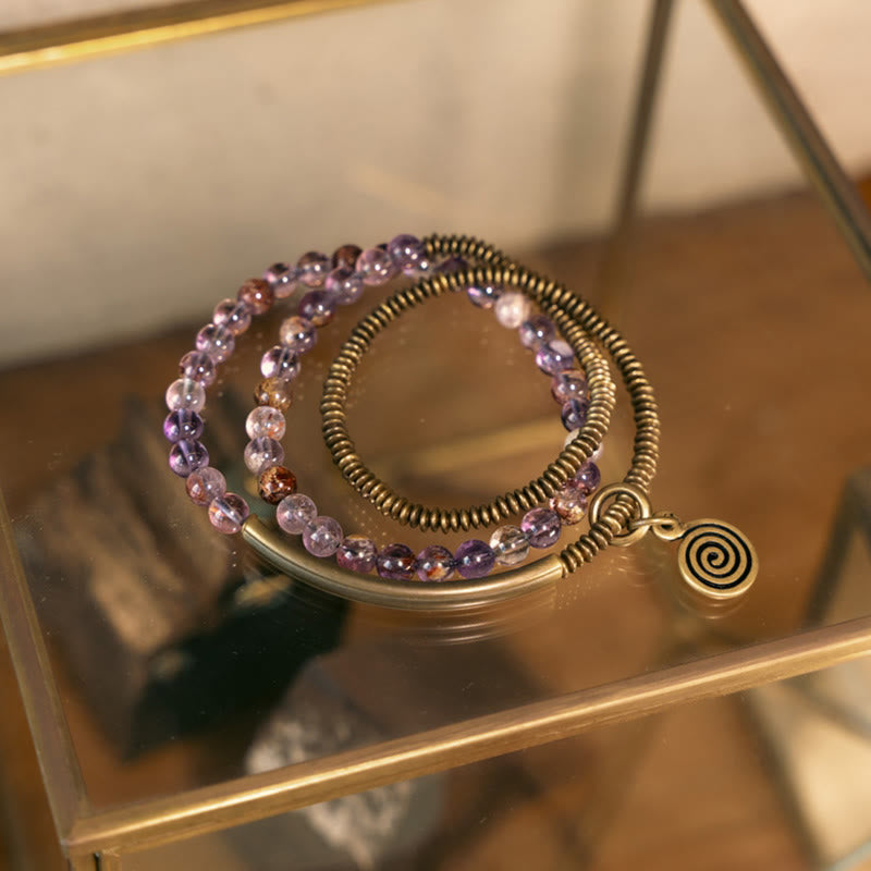 Bracelet Amour et Pardon avec Fantôme Violet, Hématoïde Rouge et Quartz Rutile Vert