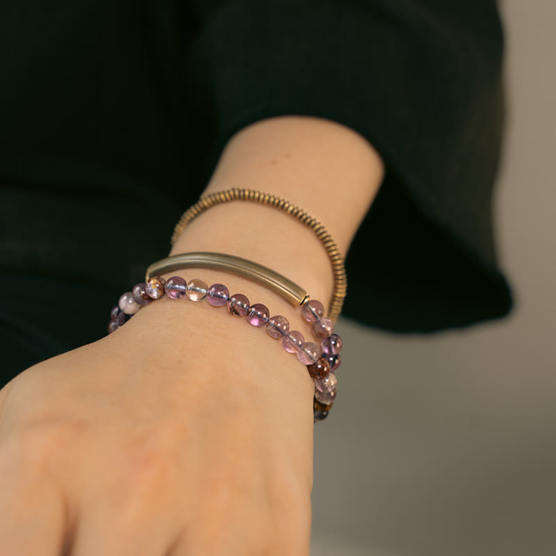 Bracelet Amour et Pardon avec Fantôme Violet, Hématoïde Rouge et Quartz Rutile Vert