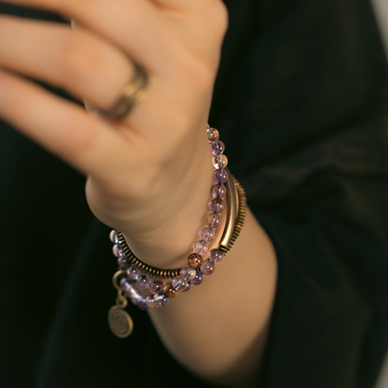 Bracelet Amour et Pardon avec Fantôme Violet, Hématoïde Rouge et Quartz Rutile Vert