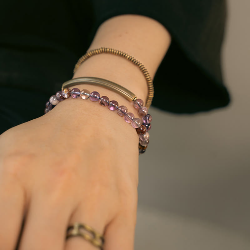 Bracelet Amour et Pardon avec Fantôme Violet, Hématoïde Rouge et Quartz Rutile Vert