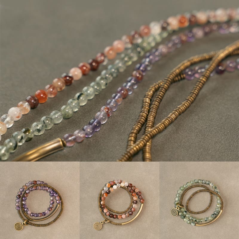 Bracelet Amour et Pardon avec Fantôme Violet, Hématoïde Rouge et Quartz Rutile Vert