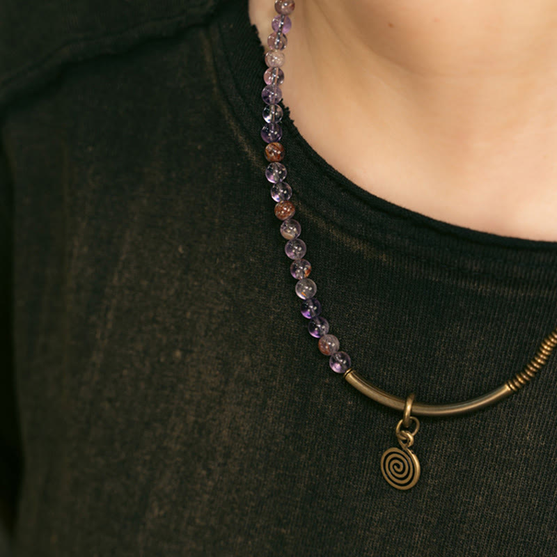 Bracelet Amour et Pardon avec Fantôme Violet, Hématoïde Rouge et Quartz Rutile Vert