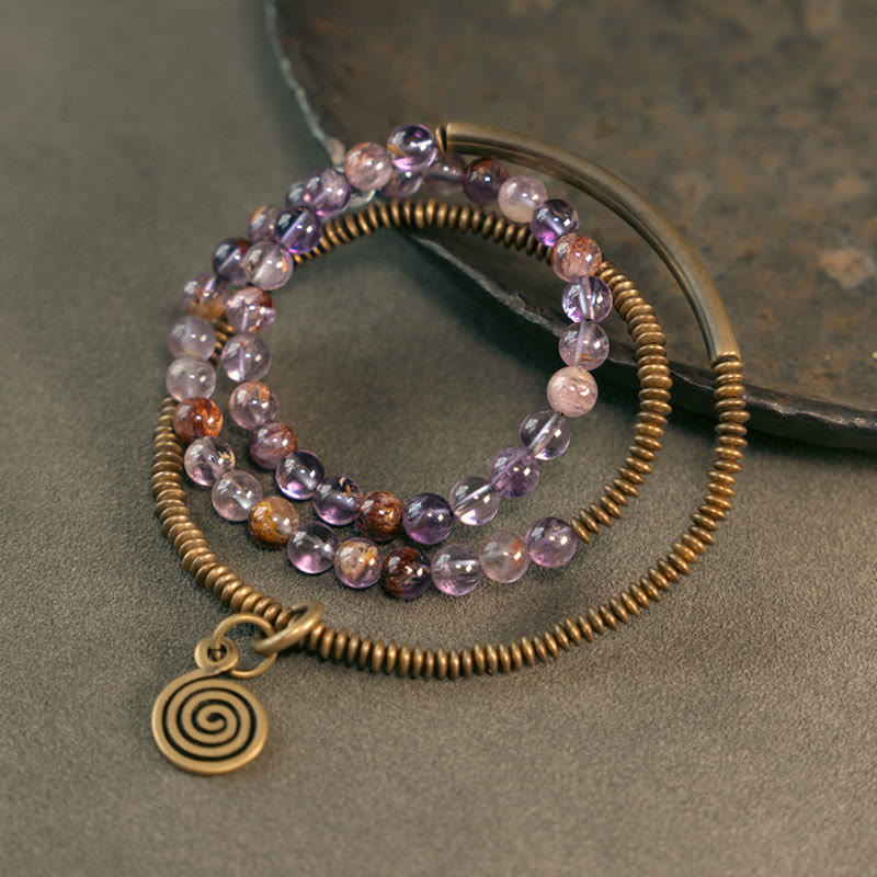 Bracelet Amour et Pardon avec Fantôme Violet, Hématoïde Rouge et Quartz Rutile Vert