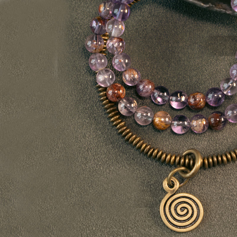 Bracelet Amour et Pardon avec Fantôme Violet, Hématoïde Rouge et Quartz Rutile Vert