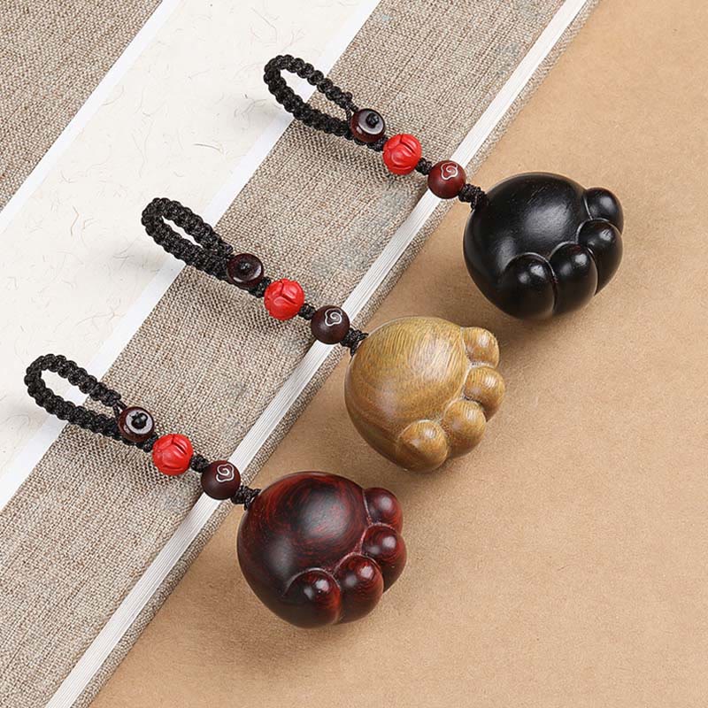 Porte-clés de protection en bois de santal rouge, vert et ébène, motif patte de chat porte-bonheur