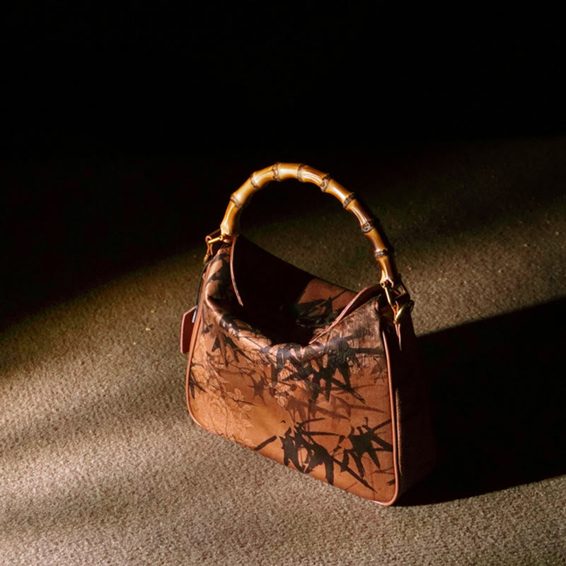 Sac bandoulière en soie Xiangyunsha avec poignée en bambou luxuriant