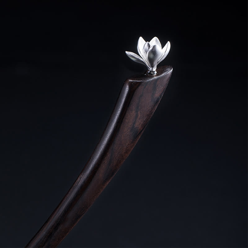 Épingle à cheveux en argent sterling 925 et fleur de magnolia en ébène | Cadeau de bénédiction
