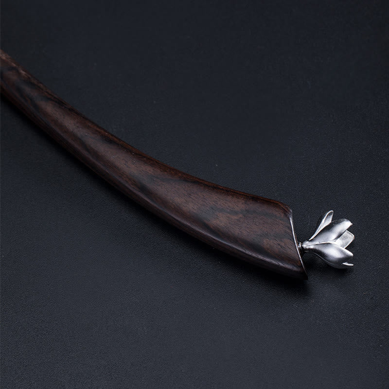 Épingle à cheveux en argent sterling 925 et fleur de magnolia en ébène | Cadeau de bénédiction