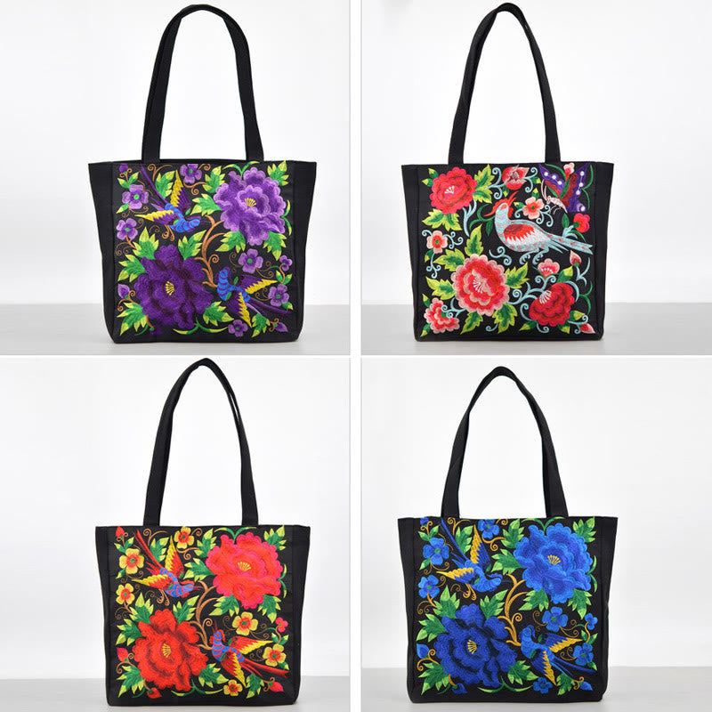 Sac en toile brodé Magpie avec pivoines et chrysanthèmes