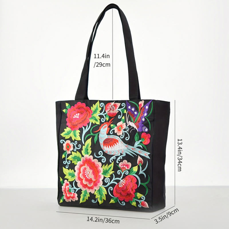 Sac en toile brodé Magpie avec pivoines et chrysanthèmes