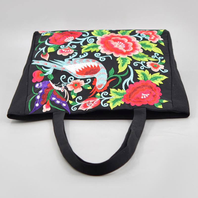 Sac en toile brodé Magpie avec pivoines et chrysanthèmes