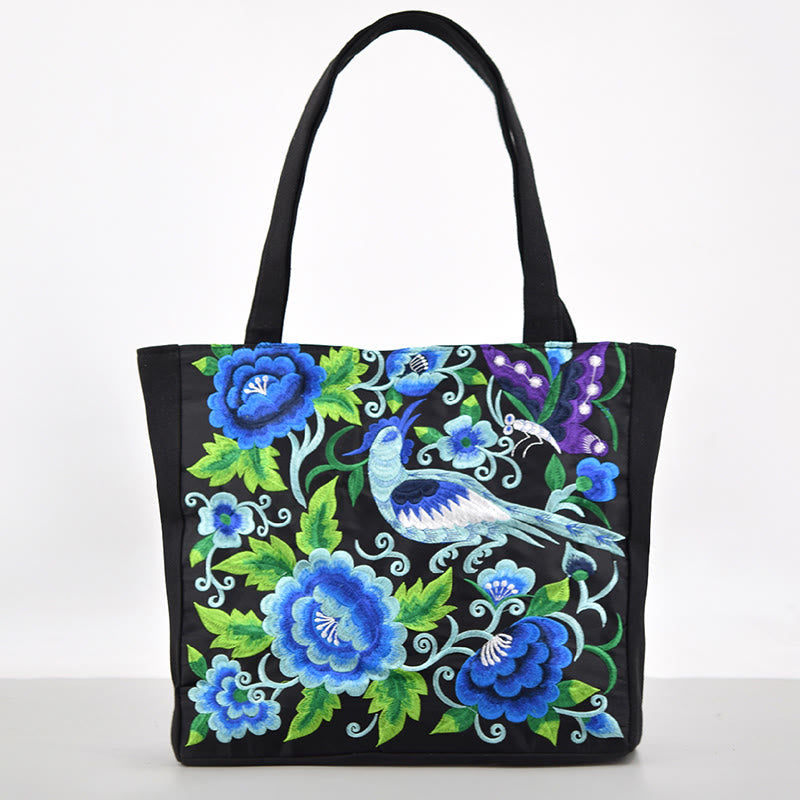 Sac en toile brodé Magpie avec pivoines et chrysanthèmes