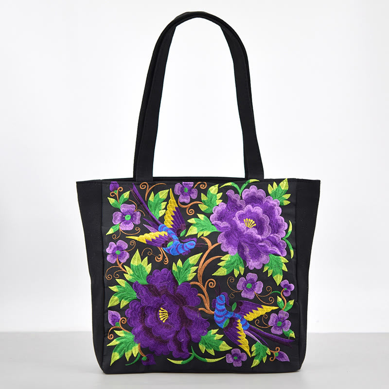 Sac en toile brodé Magpie avec pivoines et chrysanthèmes