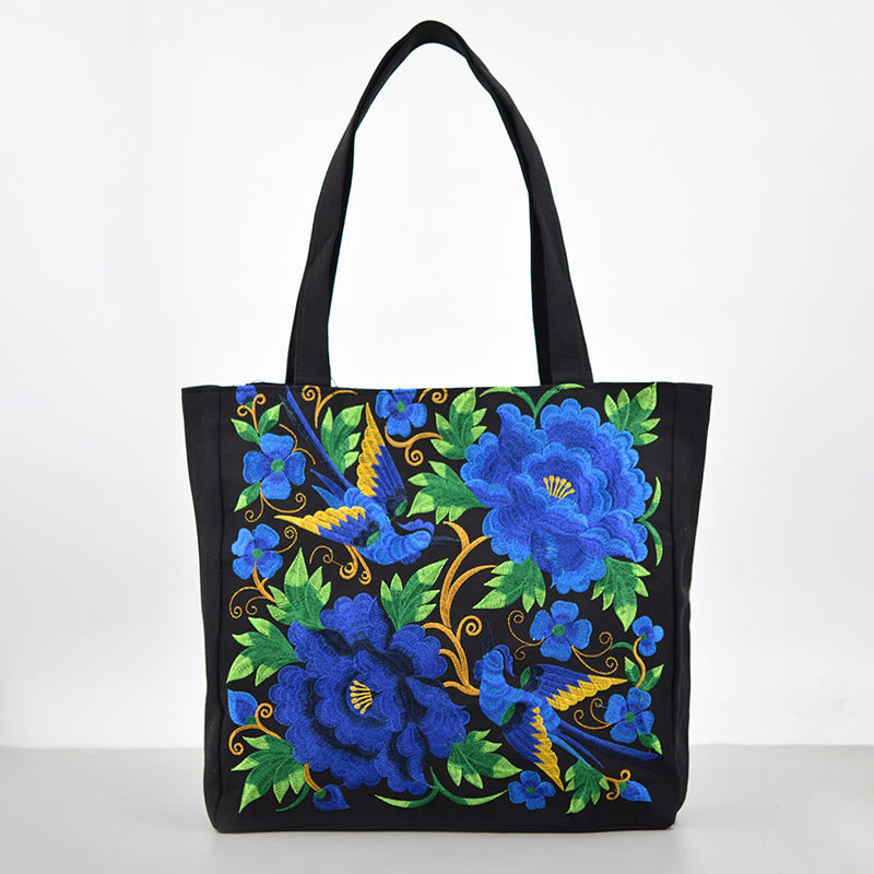 Sac en toile brodé Magpie avec pivoines et chrysanthèmes