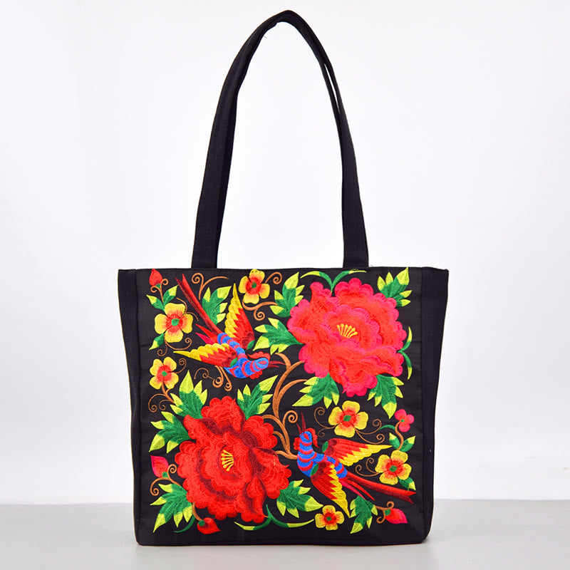 Sac en toile brodé Magpie avec pivoines et chrysanthèmes