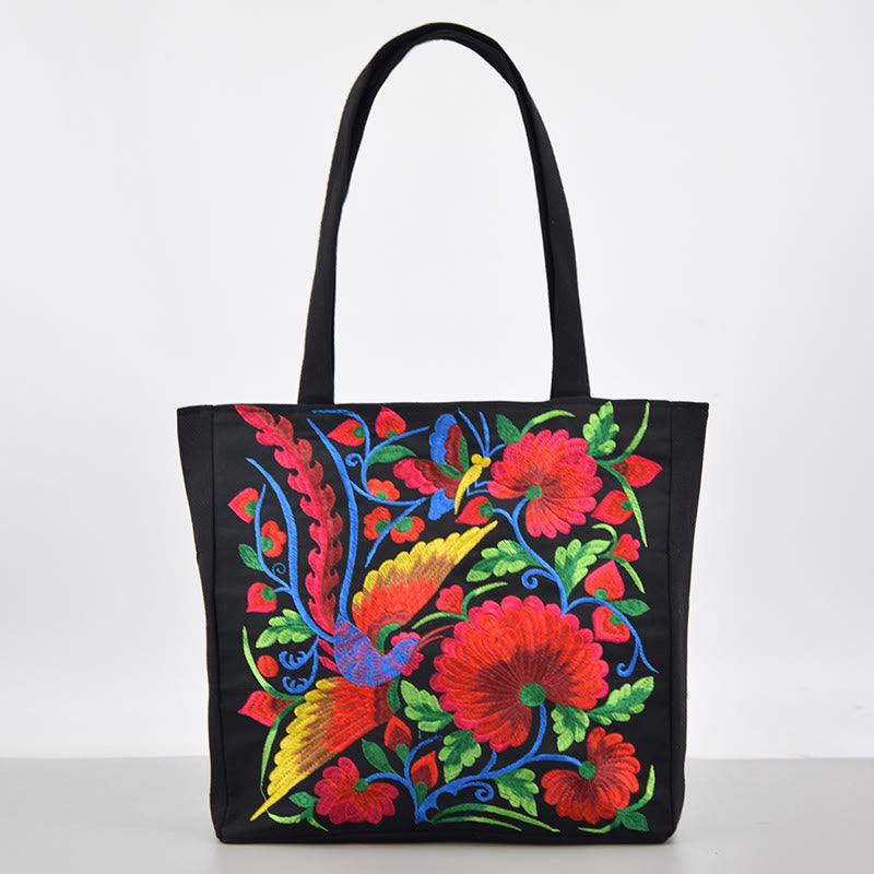Sac en toile brodé Magpie avec pivoines et chrysanthèmes