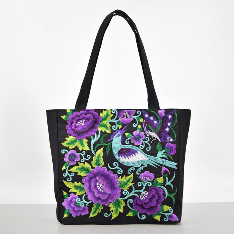 Sac en toile brodé Magpie avec pivoines et chrysanthèmes