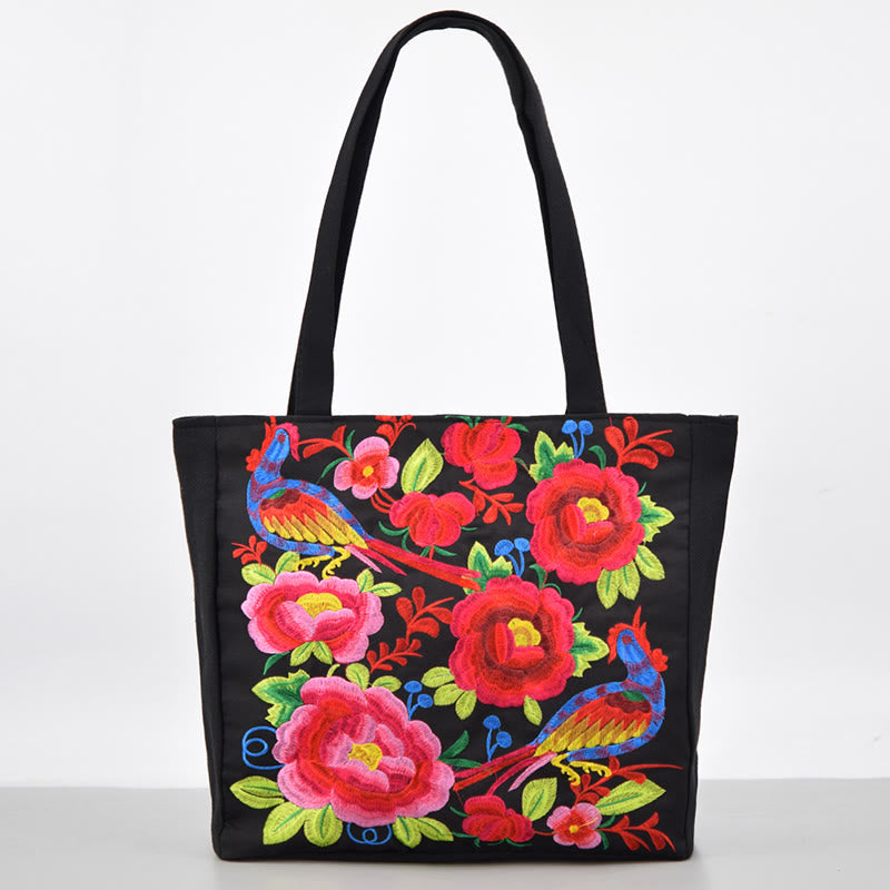 Sac en toile brodé Magpie avec pivoines et chrysanthèmes