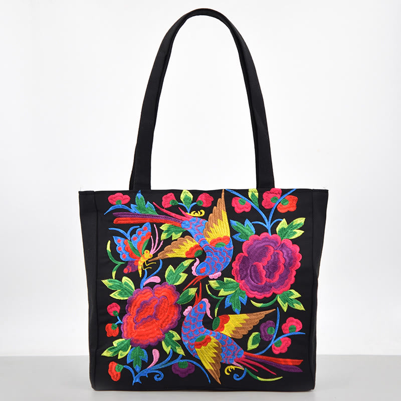 Sac en toile brodé Magpie avec pivoines et chrysanthèmes