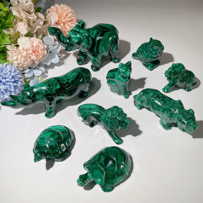 Figurines de guérison en cristal de malachite sculptées d'animaux de 2,3 à 5,7 pouces